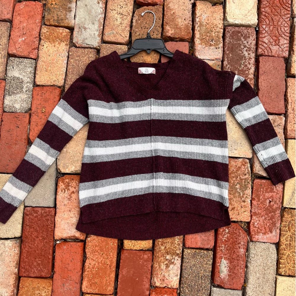 Pink Rose Burgundy and Gray Striped Sweater